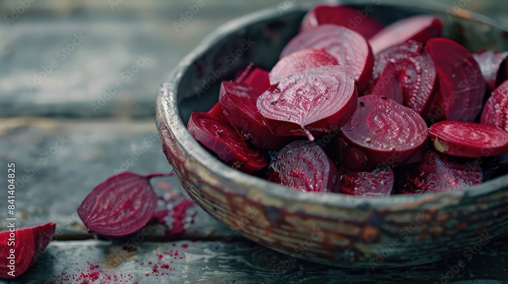 Poster close up view of whole and sliced red beets in a bowl on a table