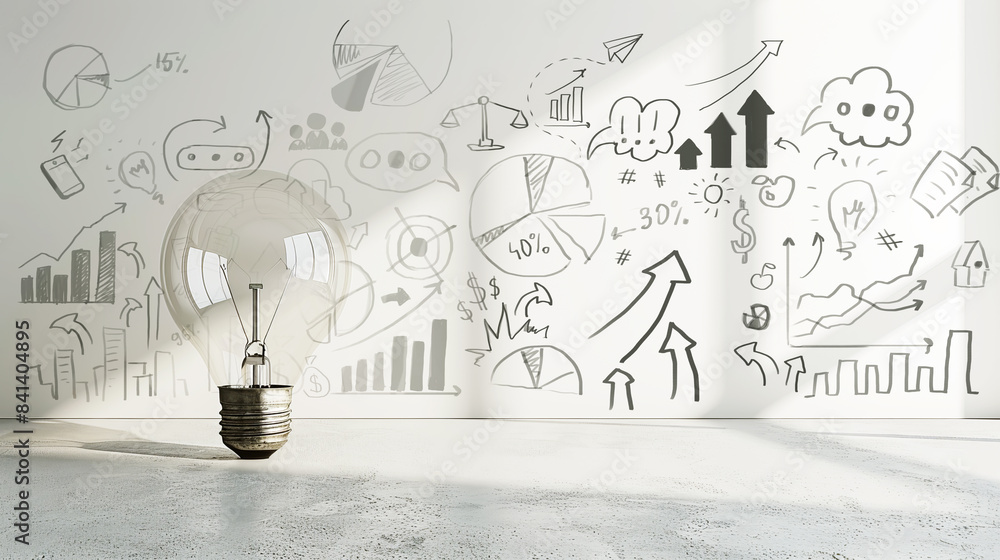Poster a lightbulb with business doodles on a bright wall, symbolizing creativity and ideas on a light back