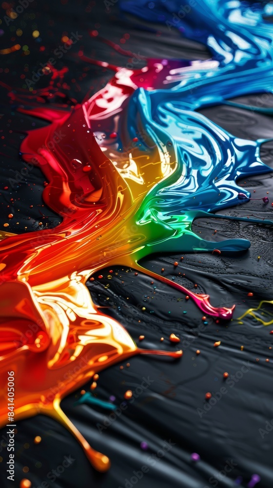 Poster a vibrant rainbowcolored paint is captured in a stunning closeup as it dances and splashes across a 