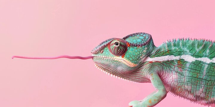 Colorful chameleon close up on pink background, reptile wildlife portrait, vibrant green lizard with textured skin