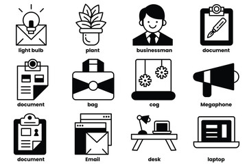 A collection of icons for various office items, including a laptop, a desk