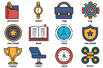 A collection of icons for various items such as a watch, book, and bag