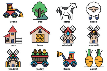 Fototapeta premium The image is a collection of farm-related icons, including tractors, windmills