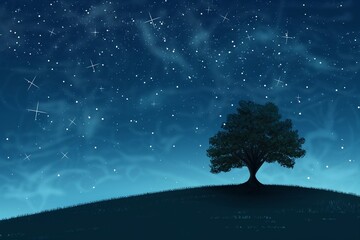 lone tree under a starry sky at night on a mountain top