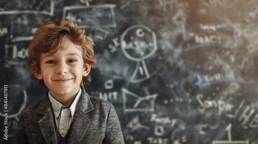 Poster Young boy smiling in front of a chalkboard filled with mathematical symbols, a concept of learning and education. Generative AI