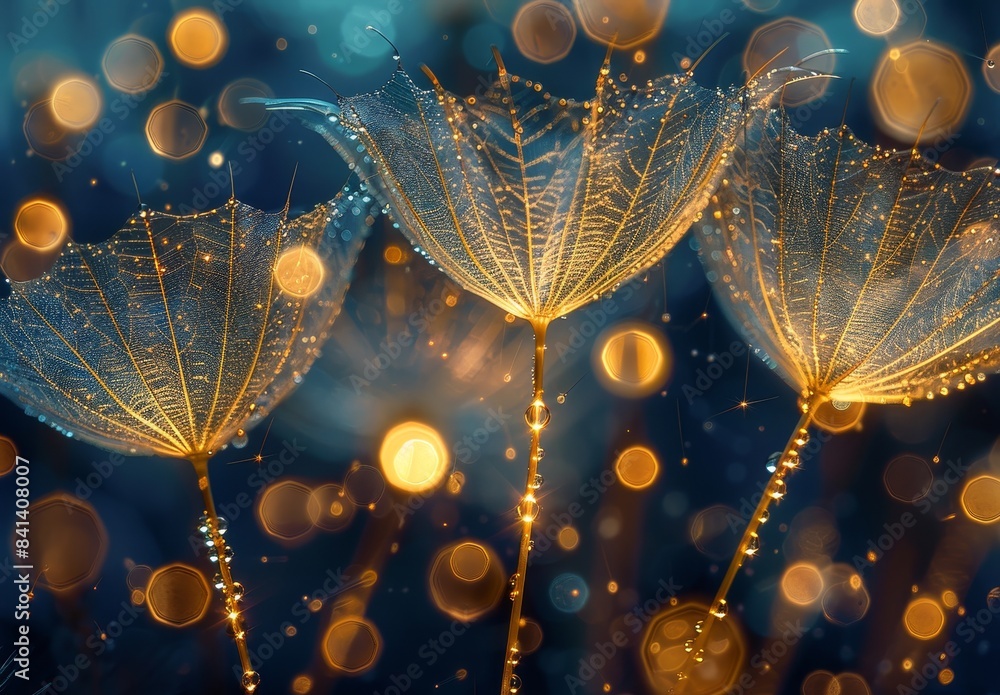 Poster dark background dandelions reflected in the mirror in the drops of dew. water droplets sparkle on th