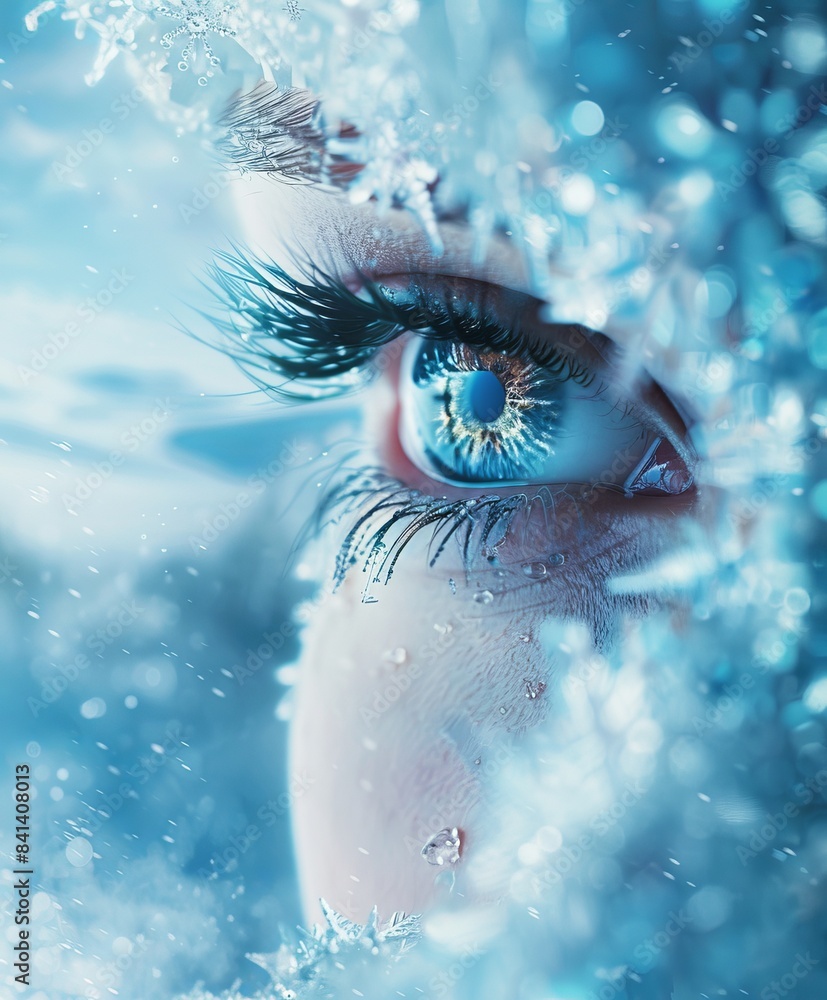 Poster close up macro of open expressive blue eyes with frost or snow on eyelashes in winter. bright sensat