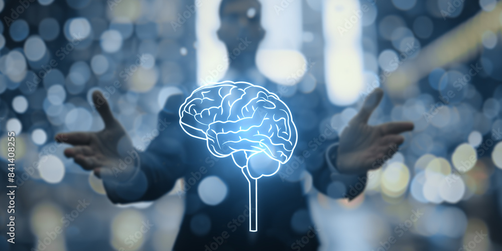 Poster Silhouette of a person with a digital brain illustration on a bokeh lights background, concept of technology and mind. Generative AI