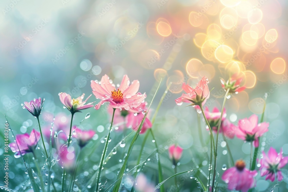 Poster close-up macro of a pink daisy flowers with dew in the sunshine close-up. a romantic and elegant art