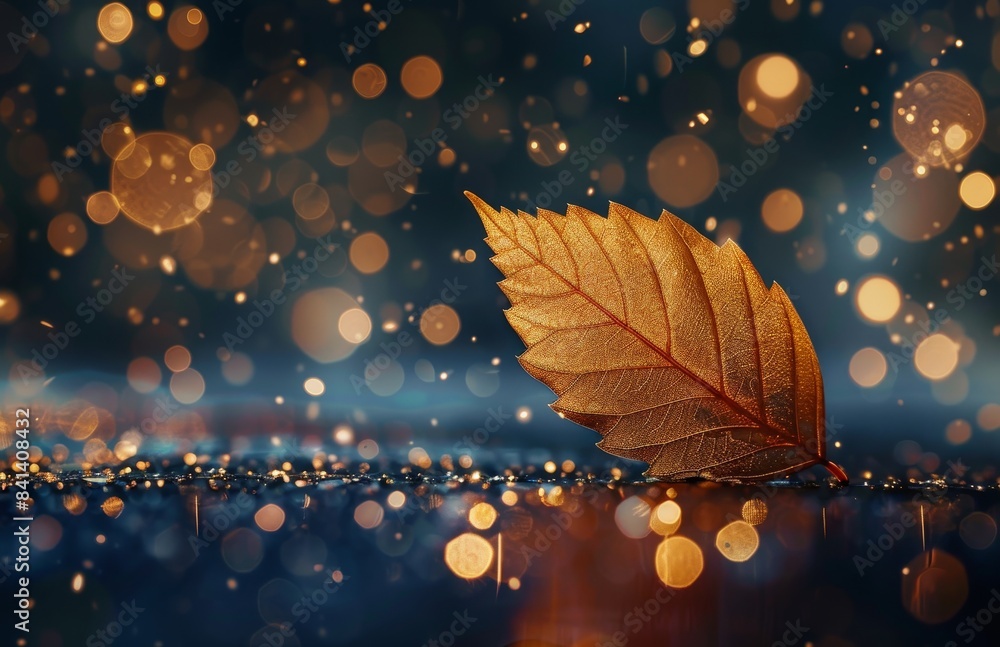 Poster golden transparent skeleton leaves with texture in close-up macro on shiny abstract background blurr