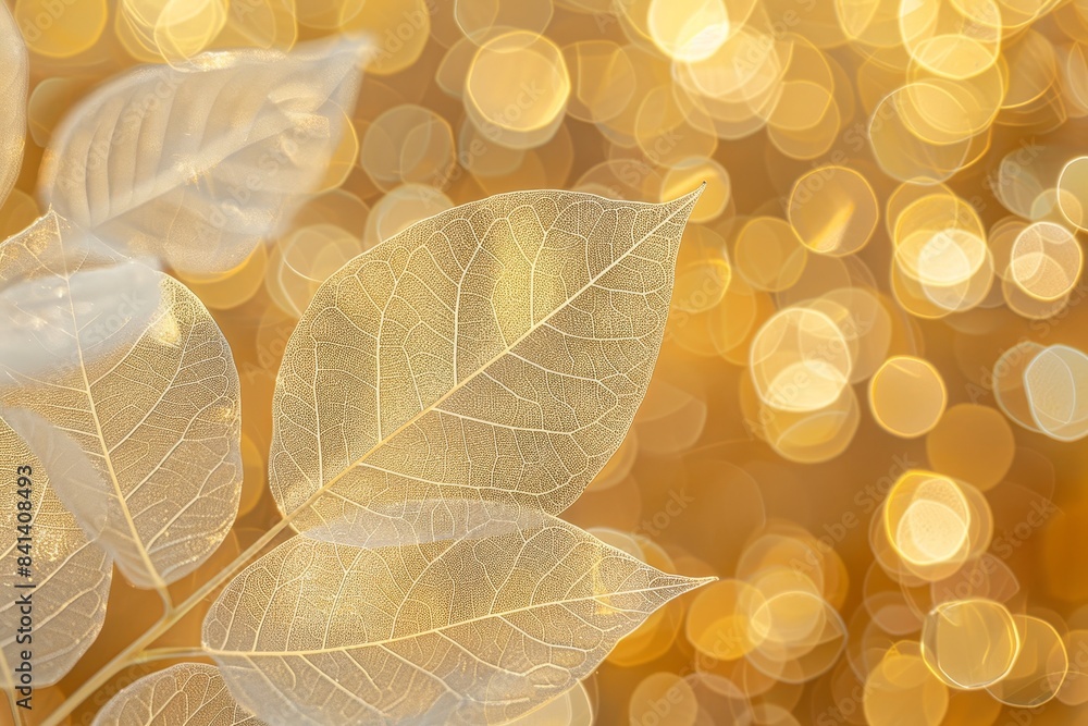 Poster blurred close-up macro of shimmering golden abstract background with white skeleton leaves. romantic