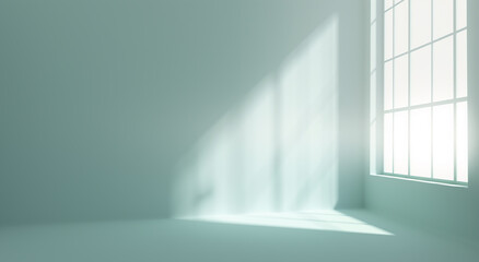 Fototapeta premium Minimalist room with sunlight streaming through a large window, casting soft shadows on the floor