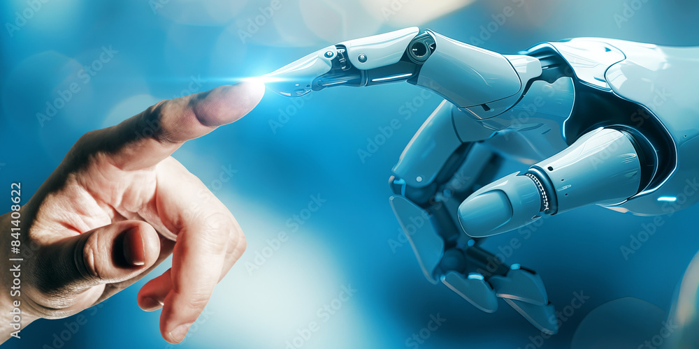Poster human hand touching a robot hand, futuristic interaction, on blue bokeh background, concept of human