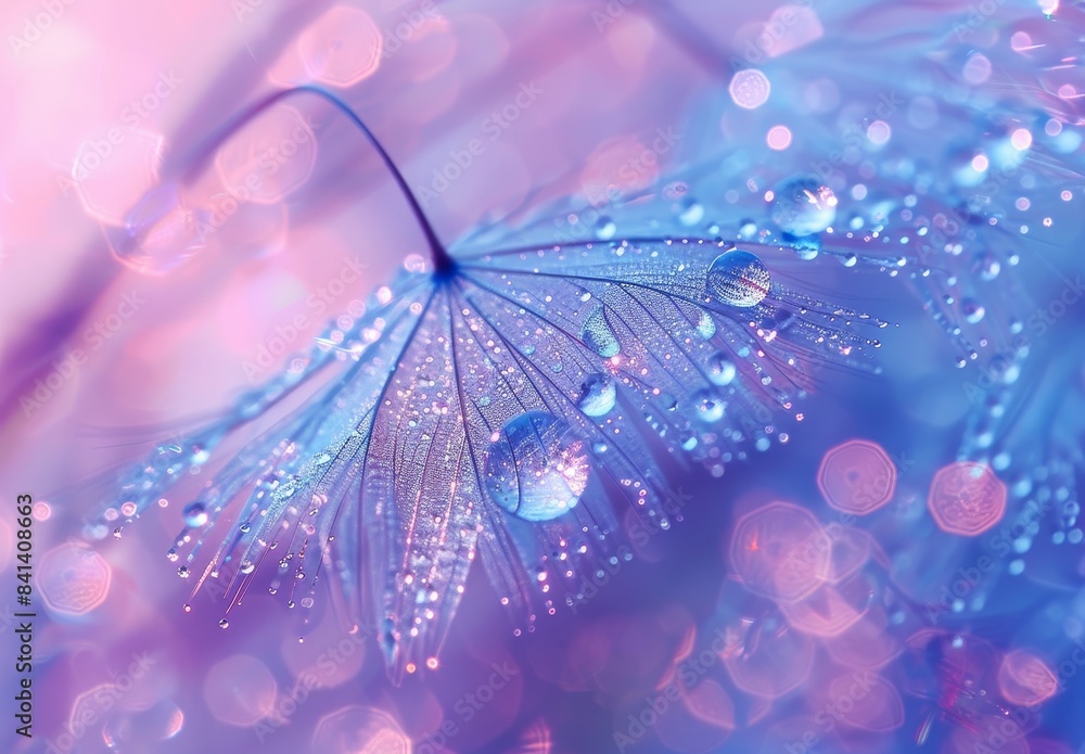 Poster dandelions seeds in dew drops glisten in rays of light close-up macro. artistic abstract design back