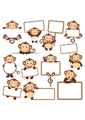 Set digital collage of monkey with blank banners