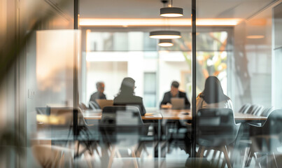 Blurred view of a modern office meeting room with people working on laptops, creating a professional and focused atmosphere