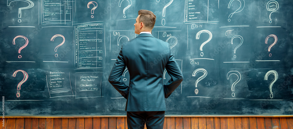 Poster A businessman in front of a chalkboard with question marks and diagrams, symbolizing decision making. Generative AI