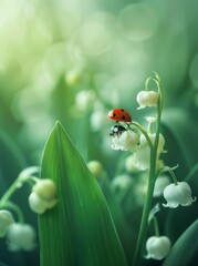 An image of a white lily of the valley and ladybird captured in macro with a white and light green background. This image represents Spring's gentle dreamy magic fresh graceful art.
