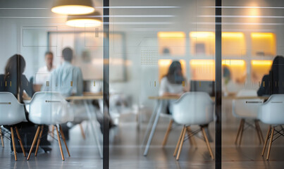 Business meeting in a modern office with blurred figures visible through glass walls, conveying a collaborative work environment