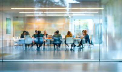 Team of professionals engaged in a business meeting in a modern glass-walled conference room, with a focus on collaboration and productivity