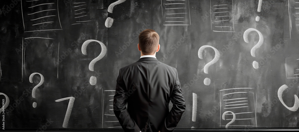 Aufkleber a businessman facing a blackboard with chalk-drawn question marks, symbolizing decision making or pr