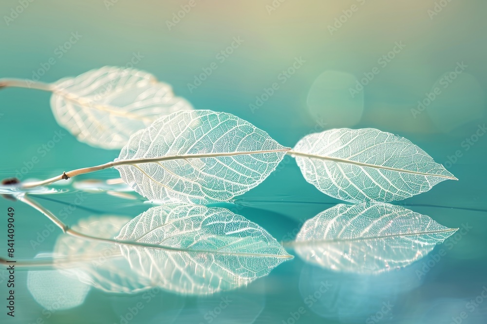 Poster flowing white transparent leaves on mirror surface with reflection on green background macro. abstra