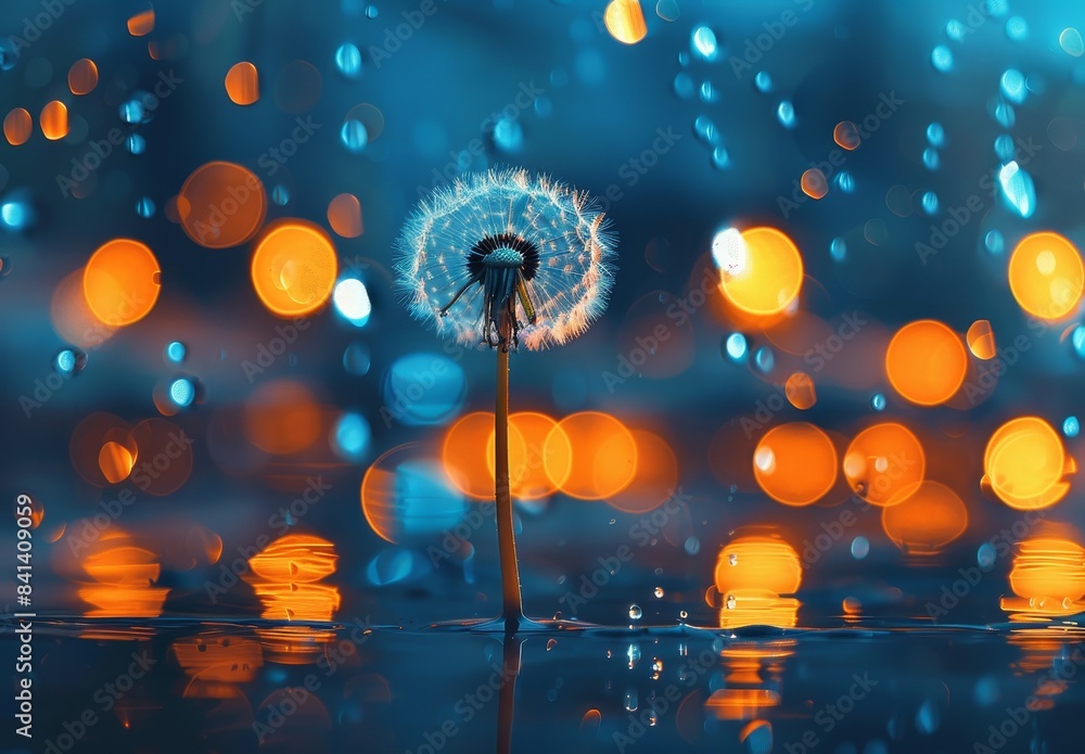 Poster colorful artistic artistic composition of dandelion flower seeds on a mirror surface with reflection