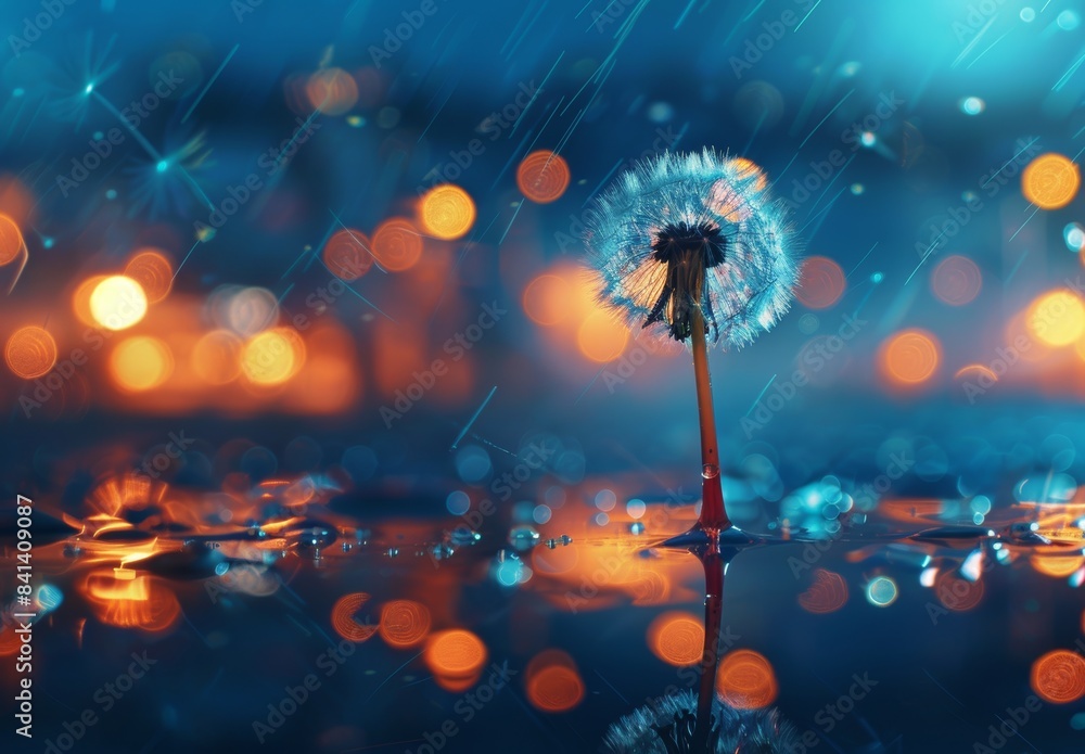 Poster a colorful and atmospheric abstract blue background depicts the seeds of dandelion flowers with thei