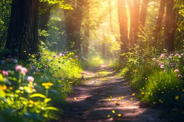 Fototapeta premium Spring in the deciduous forest in the morning sun. Young lush green trees.