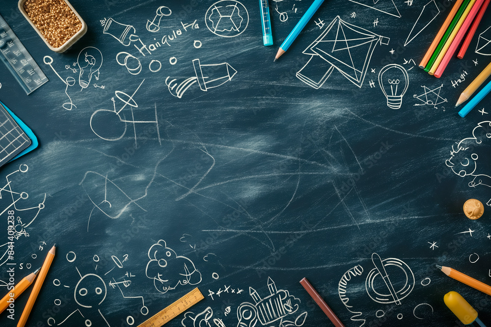 Poster a chalkboard with educational doodles and drawing tools against a dark slate background, representin