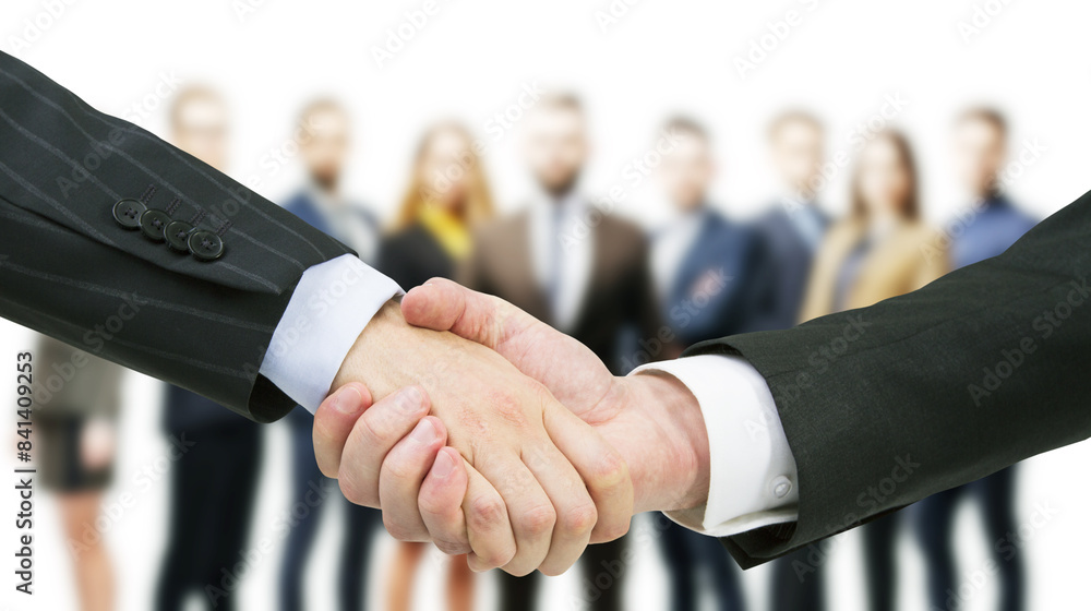 Poster two businessmen shaking hands with a group of people blurred in the background, symbolizing collabor