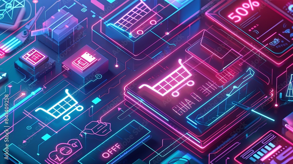 Aufkleber an abstract background depicting a neon glow online shopping cart with 50% off, accompanied by digit