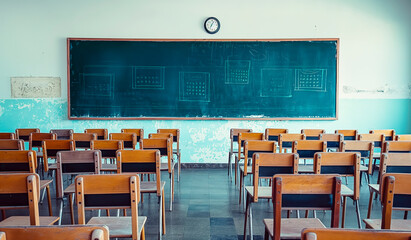 Empty classroom with wooden desks and chairs, a large chalkboard, and a clock on a blue wall, concept of education. Generative AI