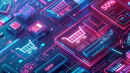 An abstract background depicting a neon glow online shopping cart with 50% off, accompanied by digital product icons and a futuristic tech theme. Generative AI