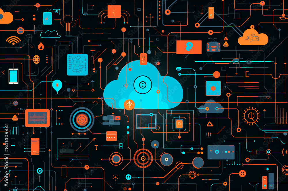 Poster Intricate digital network with icons and circuits on a dark background, embodying a concept of technology and connectivity. Generative AI