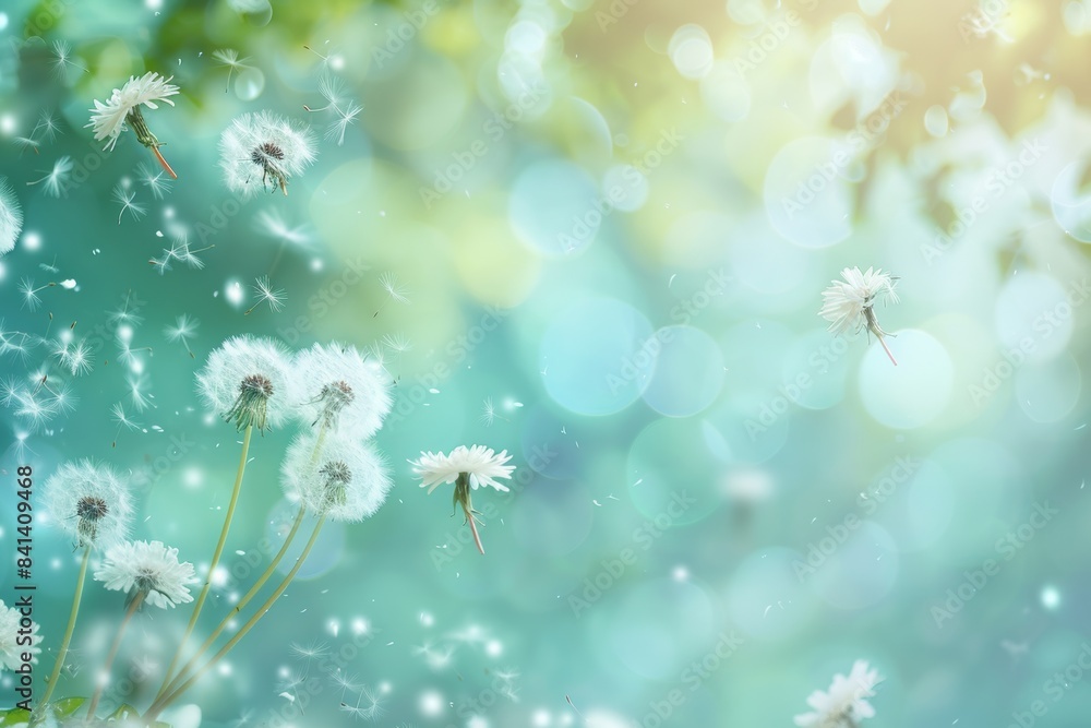 Poster a close-up macro view of dandelion seeds flying in the wind on a green and turquoise background in t