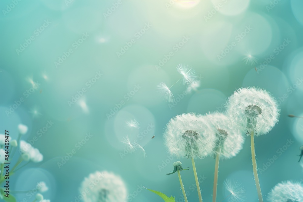 Poster flying dandelion seeds in the wind close up macro with soft focus on a background of green and turqu