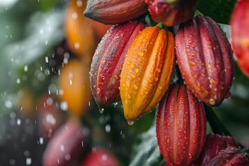 A close-up of ripe cocoa pods with dew drops, highlighting their textures and colors in the morning light
