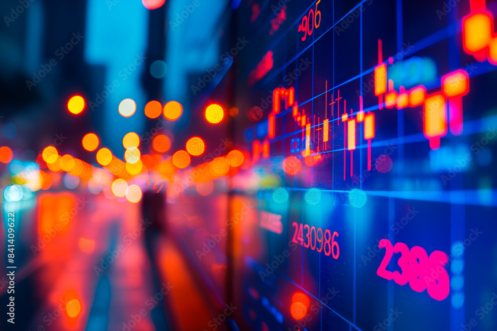 Poster a blurred stock market display with glowing lights, bokeh effect on urban background, concept of fin