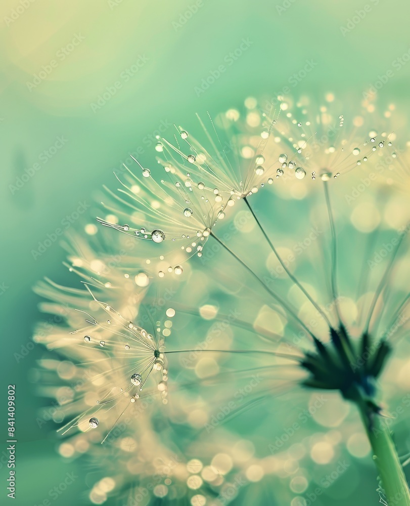 Poster this photo was captured with a macro lens of a dandelion seed on a light green background with drops
