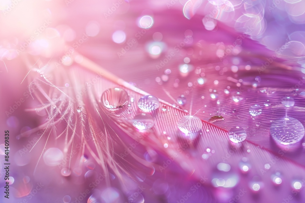 Poster glamorous sophisticated airy artistic image of feather pink bird with sparkling drops of dew water o