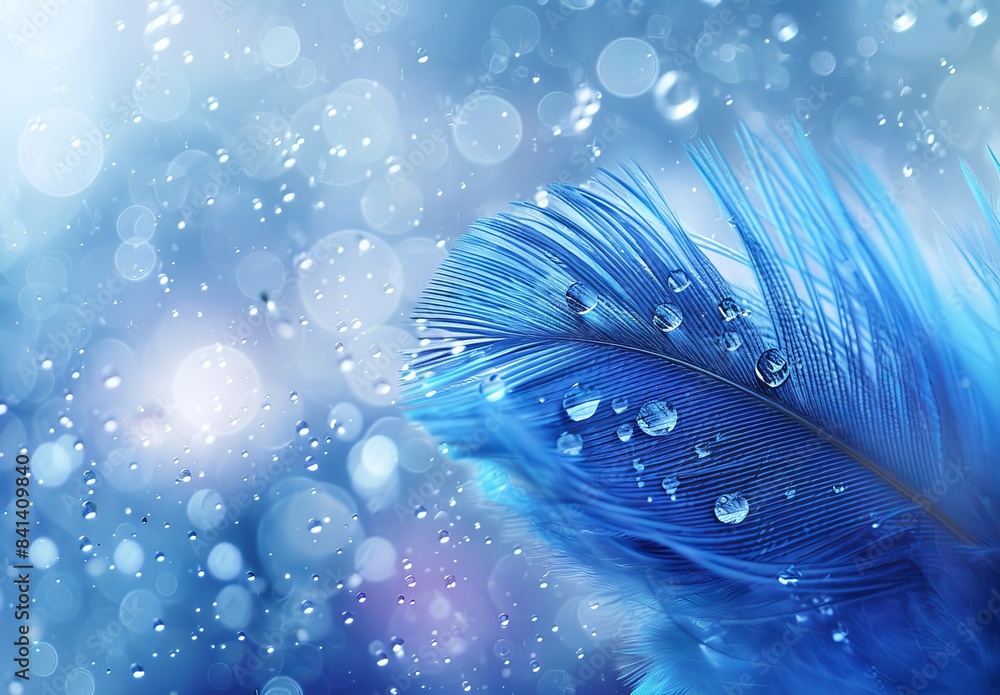 Poster this image of a blue and white feather abstract artistic image uses droplets of water to create a bo
