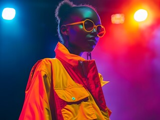 Fototapeta premium Neon Clad Fashion Model Showcasing Vibrant Seasonal Trends Under Bright Runway Lights
