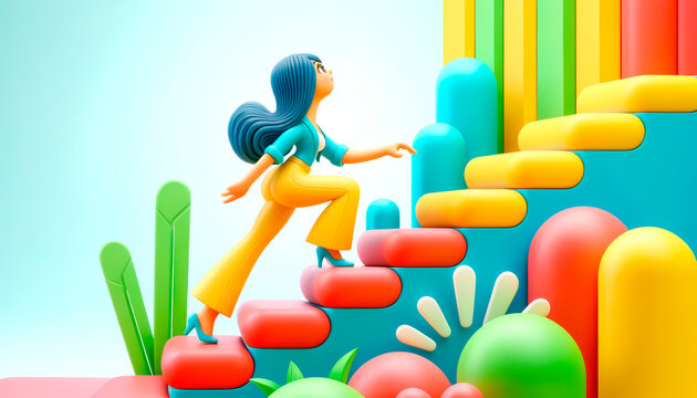 Animated character climbing colorful steps, vibrant illustration, light blue sky background, concept of growth or progress. Generative AI