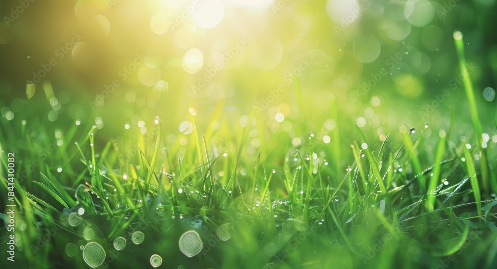 Poster an image of transparent drops of dew on summer grass shimmering in the sun. a close-up macro using a