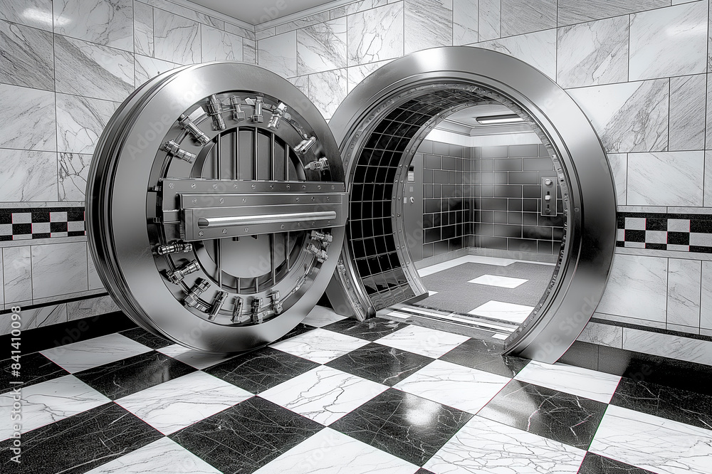 Poster An open vault door in a room with marble tiles, symbolizing security and wealth on a photographic background. Generative AI