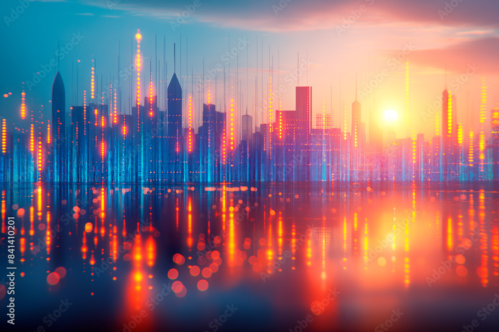 Poster abstract city skyline with digital effects, illuminated dots, on a reflective background, concept of