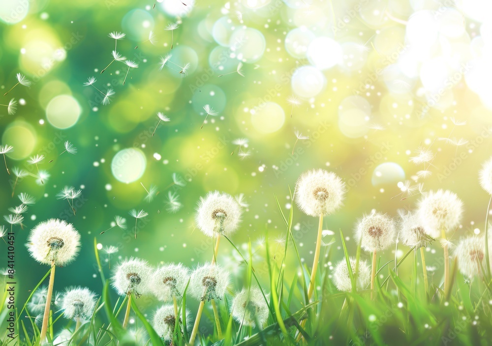 Poster an image of a lot of dandelions on nature in spring against a background of a summer lawn field and 