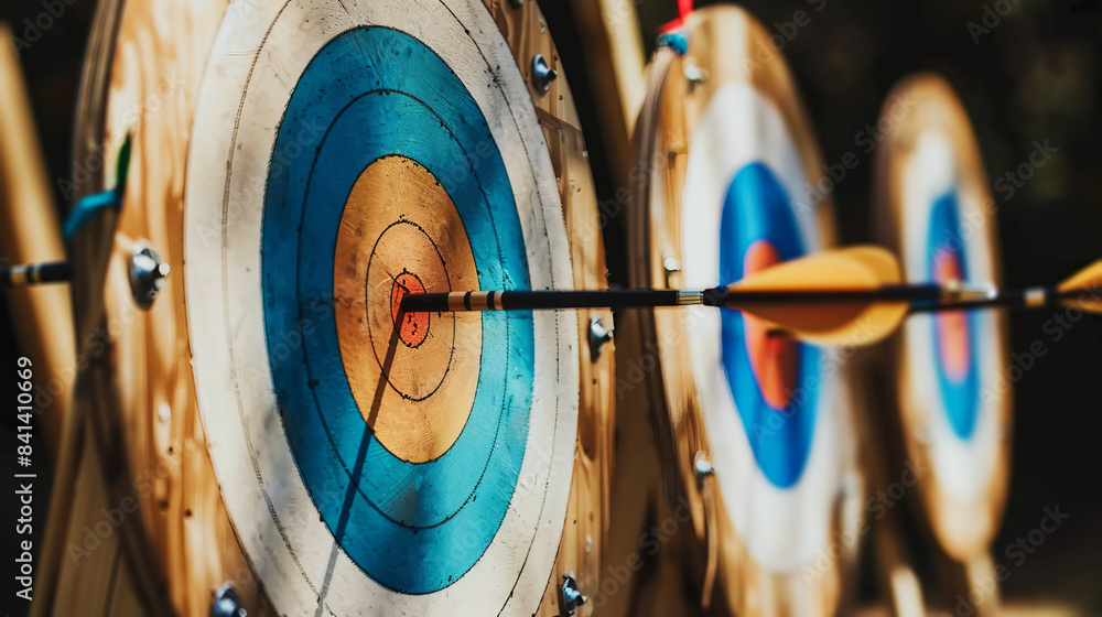 Poster close-up of archery targets with arrows, in realistic style, soft focus background, concept of accur