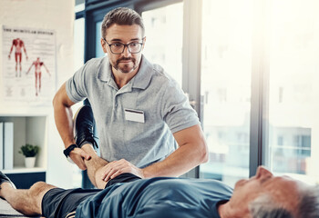 Physiotherapy, senior man and stretching leg for knee pain, medical and consultant with injury...